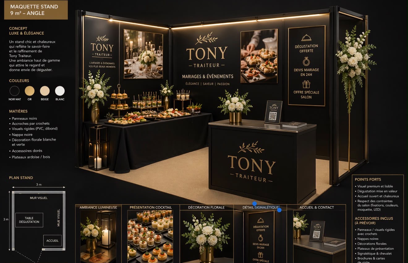 Maquette du stand Tony Traiteur — concept luxe noir, or et floral